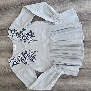THML Floral Embroidered V-Neck Boho Peplum Style Long Sleeve Blouse Grey XS